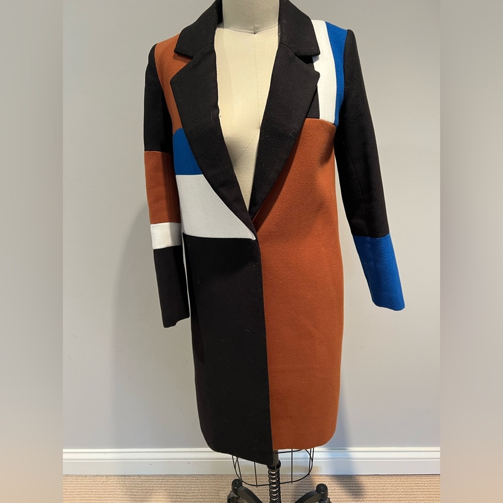 C/meo Collective blue, tan and black color block coat size xs